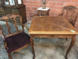 OAK PARQUET GAME TABLE (EXPANDING LEAVES) & (2) CHAIRS