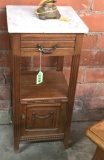 ANTIQUE OAK LAMP/SIDE TABLE WITH MARBLE TOP