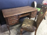 OAK DESK WITH FIVE DRAWERS & CHAIR