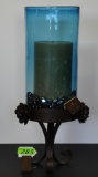 JAN BARBOGLIO IRON CANDLE HOLDER WITH BLUE GLASS