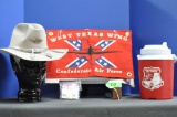 COLLECTION OF C.A.F. MEMORABILIA INCLUDING HAT, MUGS, PATCHES & PINS, FLAG & COOLER