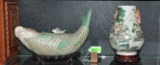 (2) ASIAN DECORATIVE ITEMS: COVERED FISH & VASE