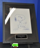 CHARLES SCHULZ FRAMED SNOOPY SIGNED WITH COA & (2) SNOOPY FIGURINES
