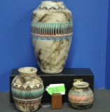 (3) PIECES OF NATIVE AMERICAN HORSEHAIR POTTERY SIGNED JAY V, 11.5