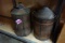 2 VINTAGE WOOD COVERED METAL OIL CANS WITH PAINTED TOPS