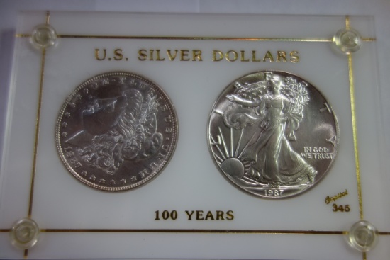 U.S. SILVER DOLLAR 100 YEAR COIN SET: 1887 MORGAN & 1987 SILVER EAGLE
