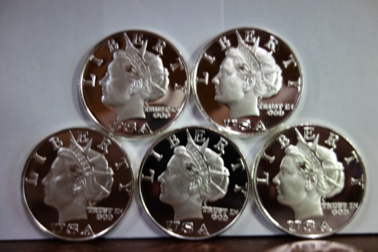 (5) LIBERTY USA 2003 $10 SILVER DOLLARS, ONE OZ .999 FINE SILVER COINS