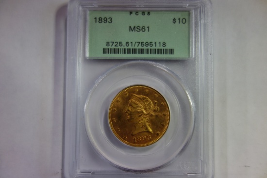 PCGS GRADED MS61 1893 $10 GOLD LIBERTY COIN