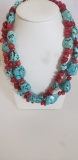 TURQUOISE & CORAL DOUBLE STRAND  NUGGET NECKLACE