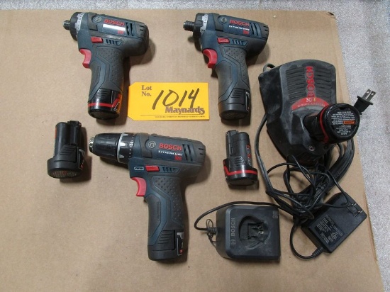 (3) Bosch 12V Drill/Drivers with Charging Bases and (6) Batteries
