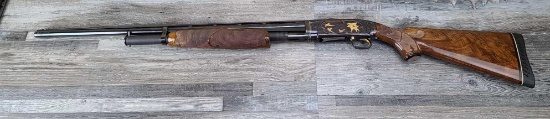 DELUXE CASED TWO BARREL SET ENGRAVED AND INLAYED WINCHESTER MODEL 12 PUMP ACTION SHOTGUN