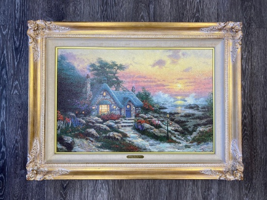 THOMAS KINKADE "COTTAGE-BY-THE-SEA" FRAMED PRINT ON CANVAS TRIPLE SIGNED #272/980