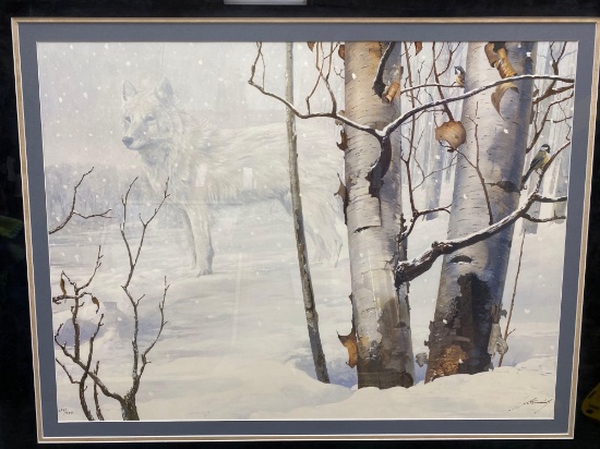 FRAMED PRINT OF A WOLF IN THE SNOW BY FLEMING #294/950