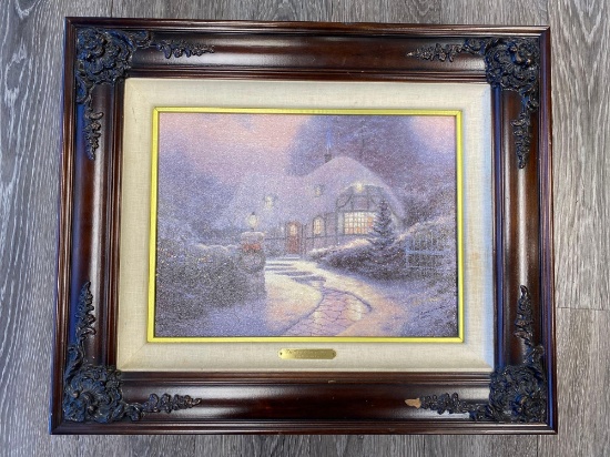 1990 THOMAS KINKADE TRIPLE SIGNED, STAMPED PRINT ON CANVAS THE CHRISTMAS COTTAGE #336/550
