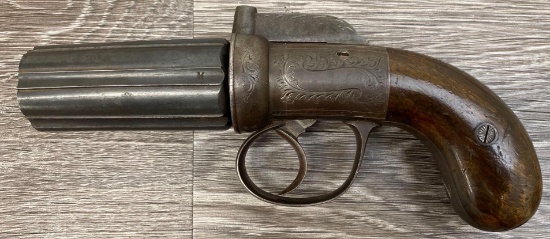 ENGRAVED ENGLISH 6 SHOT BAR HAMMER PEPPER BOX REVOLVER