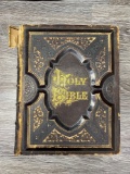 MASSIVE ANTIQUE 19TH CENTURY FAMILY BIBLE WITH EMBOSSED LEATHER BINDING
