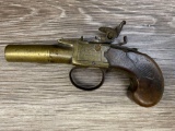 ENGLISH BRASS FRAMED SINGLE SHOT FLINTLOCK PISTOL MAKER & LONDON MARKED .50 CAL.