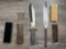 TWO NEW STEEL KNIVES w/ STAG HANDLES/PARTS/BLACK MICARTA BLOCK