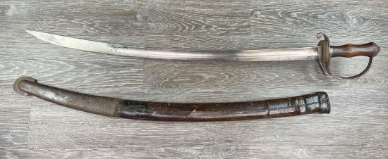 ANTIQUE UNMARKED SWORD w/ LEATHER COVERED HARDWOOD SCABBARD