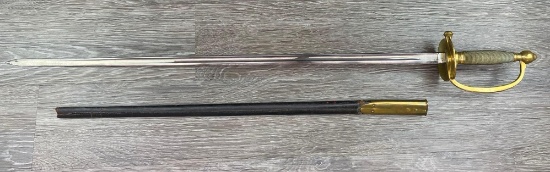 AMES SWORD w/ PARTIAL LEATHER SCABBARD BRASS HANDGUARD
