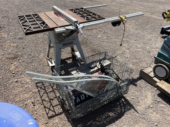 RIGID TABLE SAW AND BASKET OF MISC TOOLS