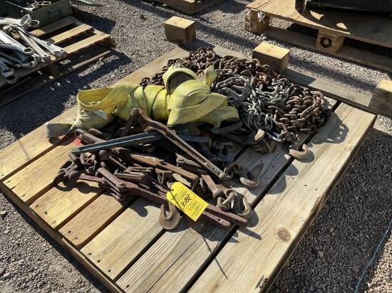 PALLET OF ASST CHAINS, BINDERS & STRAPS
