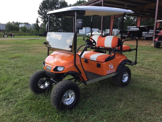 EZ GO ELECTRIC GOLF CART (CUSTOM CLEMSON SCHEME, VIN-3212718, LIFT KIT, EXTENDED TOP, LED