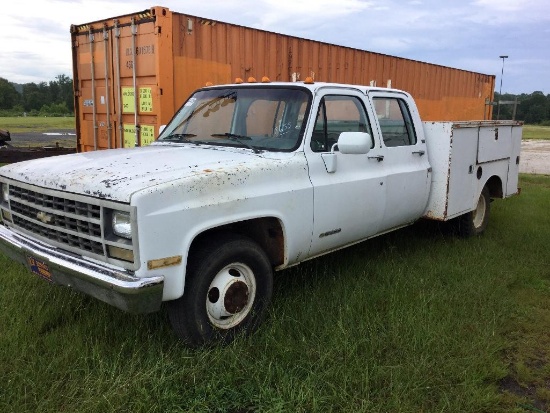 1989 CHEV 3500 (5.7L GAS, AT, 4 DR CREW CAB, W/8FT SERVICE BED), VIN# UNREADABLE, MILES READ 18655,