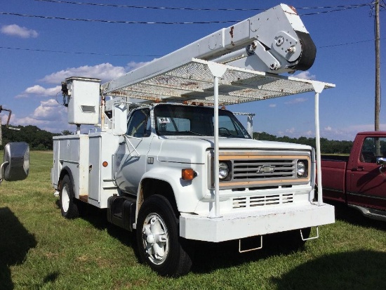 1983 CHEV C70 BUCKET TRUCK (5SPD/2SPD, 366 BIG BLOCK GAS, TECP 45' BOOM. 12' BAKER UTILITY BED,
