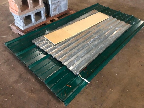 METAL ROOFING PIECES **SELLING OFFSITE** (4pcs-GREEN, 8pcs-GALVANIZED, +/- 31pcs of 12' X 8" SIDING,