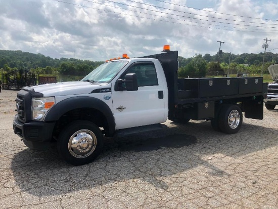 2013 FORD F450 FLAT BED TRUCK (AT, 6.7L, 90" X 12' BED, (5) 5' TOOL BOXES, (1) 24" TOOL BOX, MILES