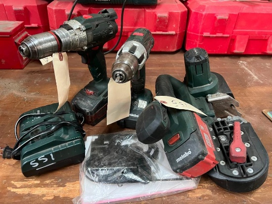 METABO 18V POWER TOOLS (2 DRILLS, BAND SAW, 3 BATTERIES AND CHARGER)