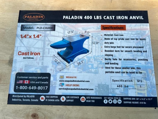 UNUSED PALADIN 400 LB CAST IRON ANVIL