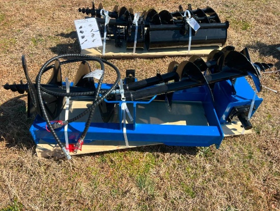 UNUSED SKID STEER HYDRAULIC AUGER ATTACHMENT W/ THREE BITS (7.5, 11.5, 15.5 INCH)