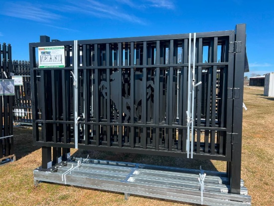 UNUSED ALLMETAL 7 FT X 20 FT METAL FARM DRIVEWAY GATE (HORSE MOTIF)