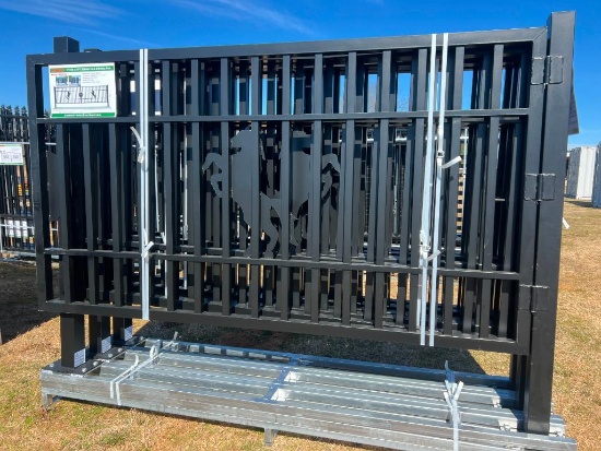 UNUSED ALLMETAL 7 FT X 20 FT METAL FARM DRIVEWAY GATE (HORSE MOTIF)