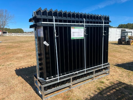 UNUSED ALLMETAL 8 FT X 6 FT POWDER COATED STEEL SITE FENCE (3-RAIL STYLE, 22 FENCE PANELS, 23 POSTS