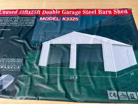 UNUSED ALLMETAL 33 FT X 25 FT DOUBLE GARAGE STEEL BARN SHED (MODEL K3325, THIS LOT INCLUDES TWO