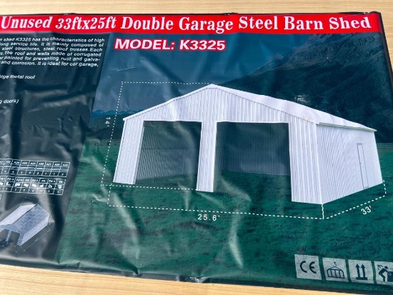 UNUSED ALLMETAL 33 FT X 25 FT DOUBLE GARAGE STEEL BARN SHED (MODEL K3325, THIS LOT INCLUDES TWO