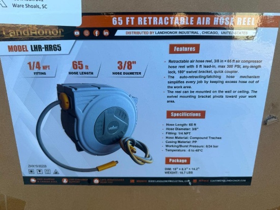 UNUSED LANDHONOR 65 FT RETRACTABLE AIR HOSE REEL