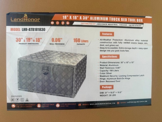 UNUSED LANDHONOR 18 INCH X 18 INCH X 30 INCH ALUMINUM TRUCK BED TOOL BOX