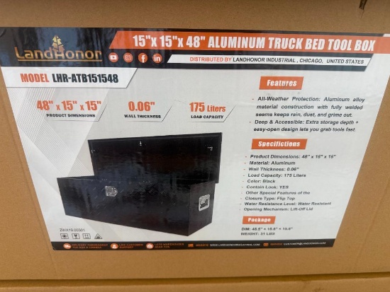 UNUSED LANDHONOR 15 INCH X 15 INCH X 48 INCH ALUMINUM TRUCK BED TOOL BOX