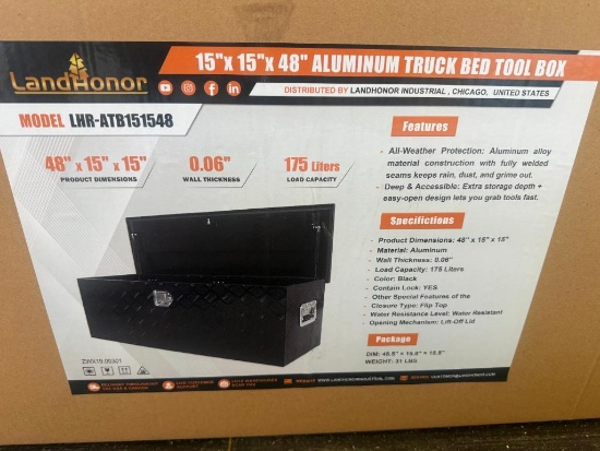 UNUSED LANDHONOR 15 INCH X 15 INCH X 48 INCH ALUMINUM TRUCK BED TOOL BOX
