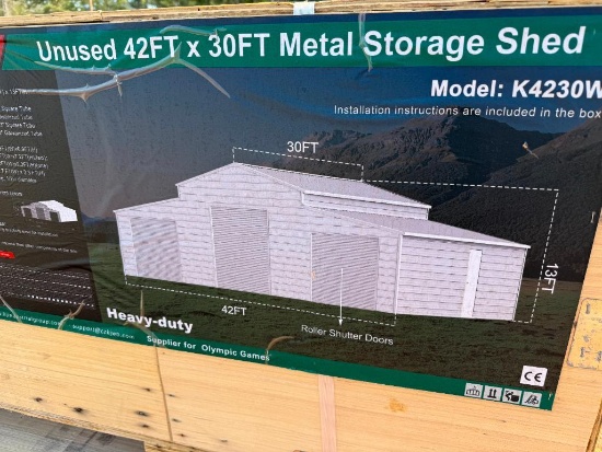 UNUSED KJ 42FT X 30FT METAL STORAGE SHED (MODEL:K4230W)