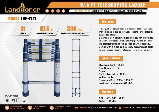 UNUSED LANDHONOR 10.5FT TELESCOPING LADDER