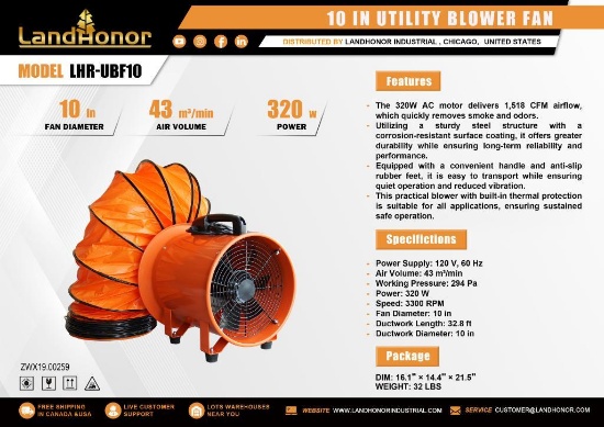 UNUSED LANDHONOR 10 IN UTILITY BLOWER FAN