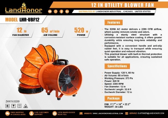 UNUSED LANDHONOR 10 IN UTILITY BLOWER FAN