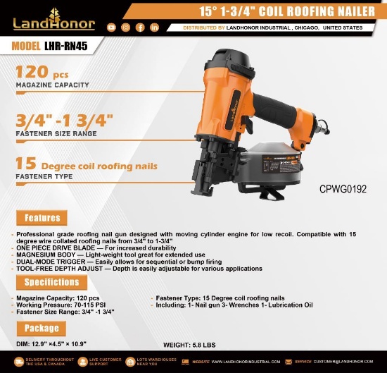 UNUSED LANDHONORCOIL ROOFING NAILER TOOL