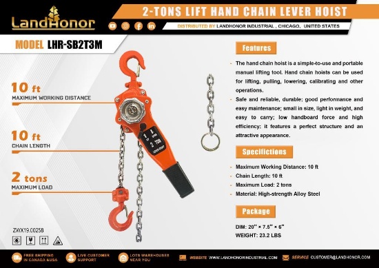UNUSED LANDHONOR 2 TON LIFT CHAIN LEVER HOIST