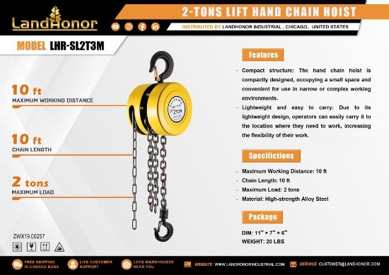 UNUSED LANDHONOR 2 TON CHAIN HOIST